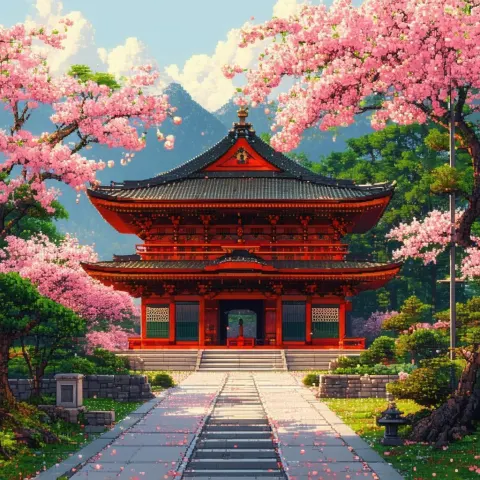 Golden Pixel Temple Amid Blooming Cherry Blossoms
