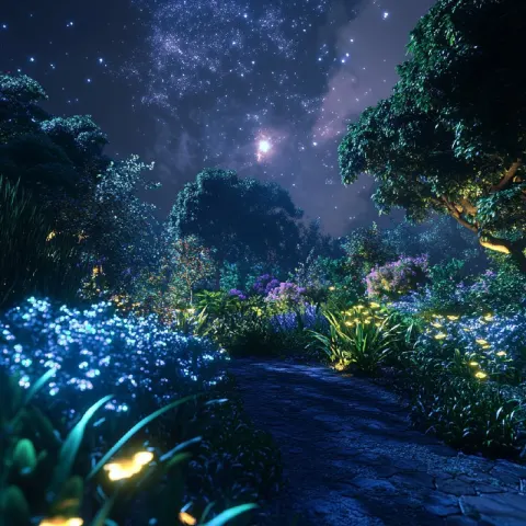 Midnight Garden with Glowing Indigo Trail