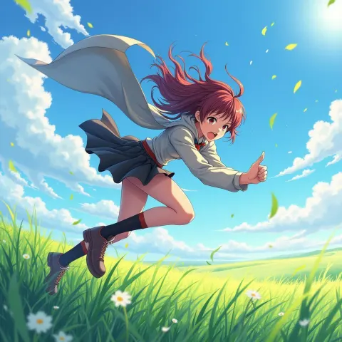 Dynamic Anime Action Across an Open Meadow