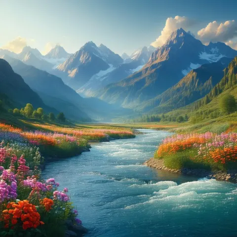 Golden River Meander Beneath Majestic 3D Mountains
