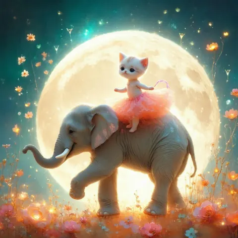 Pink Elephant and Kitten Dancing on the Moon
