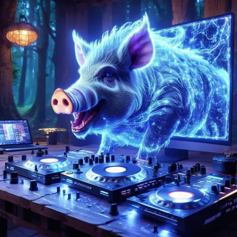 Wild Boar DJ at an Enchanted Runic Desk