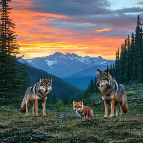 Wolves and Foxes Beneath Orange Mountain Sunset