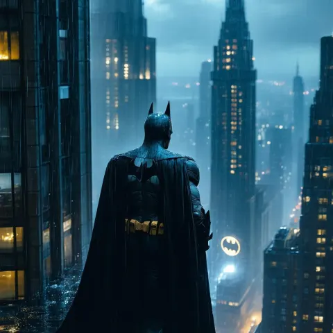 Batman Watching the Batsignal in Pouring Rain