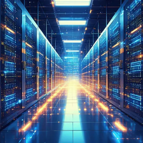Animated Data Hall Glowing With Blue LEDs