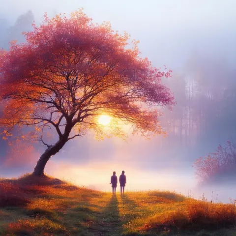 Autumn Tree Sunset With Two Tiny Watchers