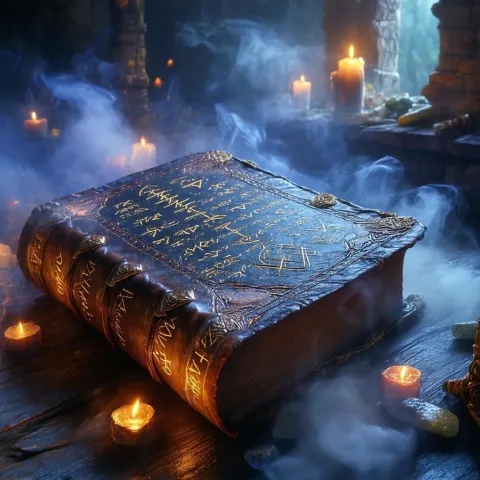 Ancient Runed Tome Glowing in Moonlit Mist