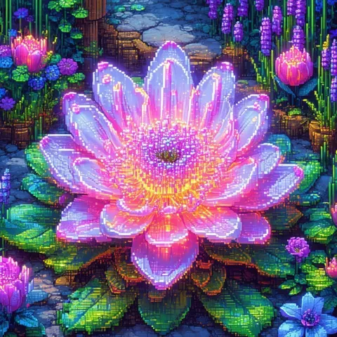 Glowing Pink Flower in a Pixel Kaleidoscope