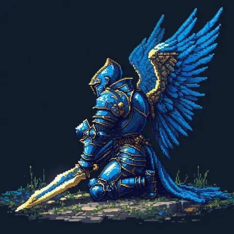 Kneeling Pixel Knight in Blue Gold Armor