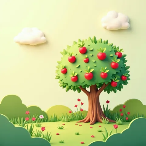 Flat Color Cutout Garden With Apple Tree