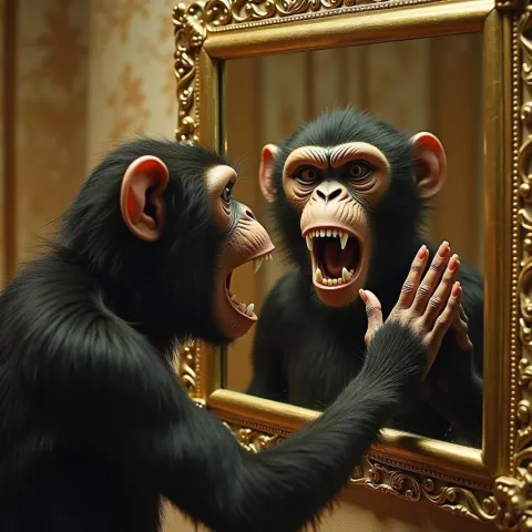 Lofi Monkey Facing an Ornate Gold Mirror