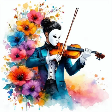 Chibi Masked Violinist Amid Pride Colored Flowers