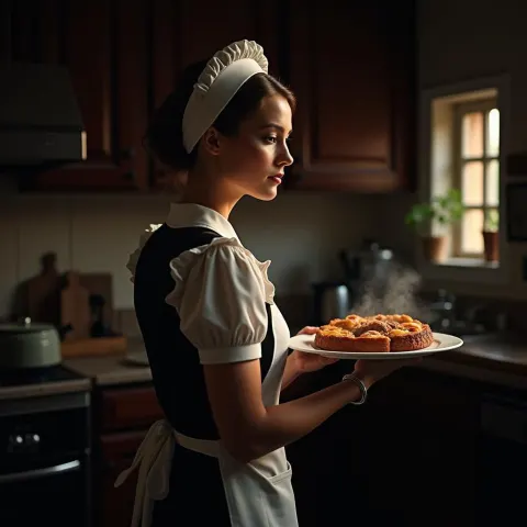 Elegant Maid in Deep Kitchen Chiaroscuro