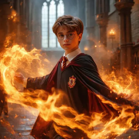 Young Gryffindor Amid Swirling Magical Fire