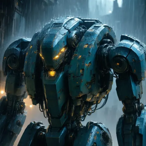 Colossal Battle Worn Robot Resting in Rain