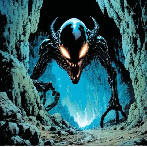 Menacing Glowing Eyed Alien in Dark Cavern