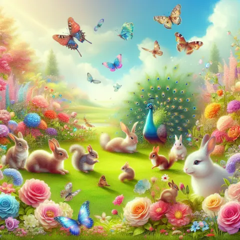 Whimsical Garden Scene with Playful Animals