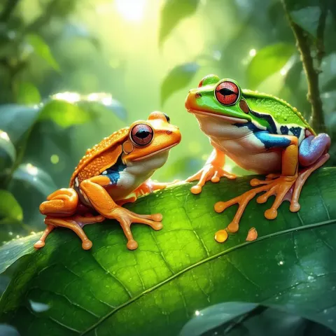 Two Vivid Manga Frogs on a Leaf