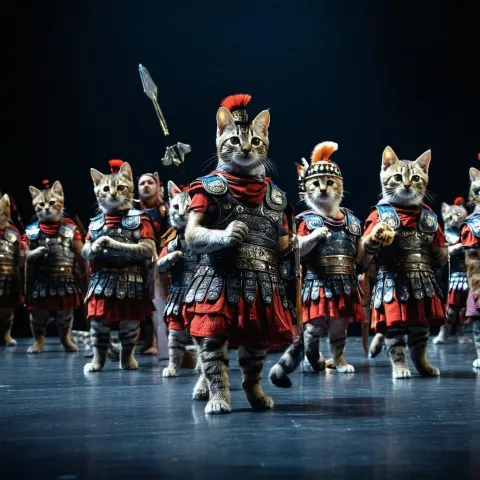 Gladiator Kittens Armed on a Dramatic Stage