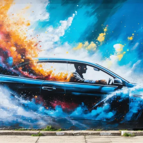 Mural of Driver Dissolving Into Swirling Dust