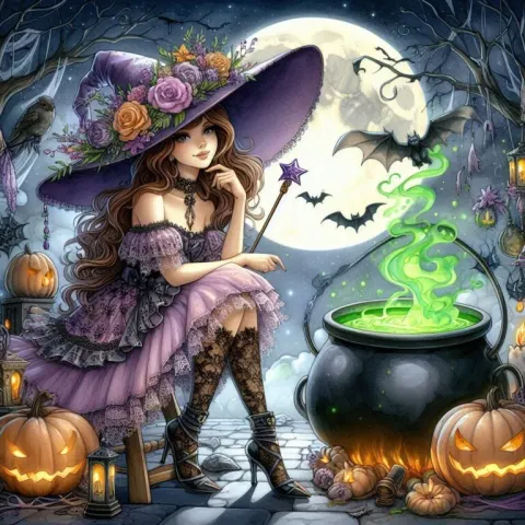 Whimsical Halloween Witch with Purple Hat