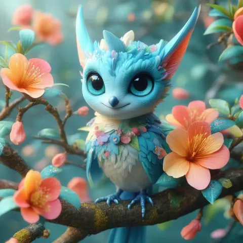 Wide Eyed 3D Creature on Flowering Branch