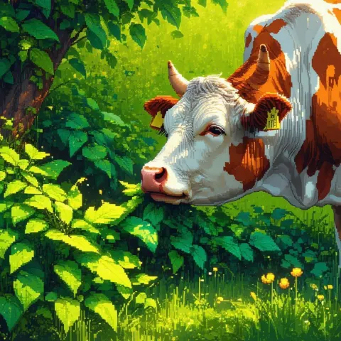 Pixel Cow Grazing in Golden Hour Light