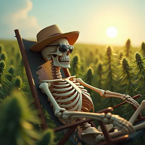 Skeleton Lounging in a Sunlit Cannabis Field