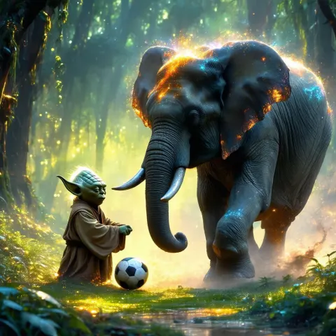 Yoda and Elephant Play Mythical Forest Soccer