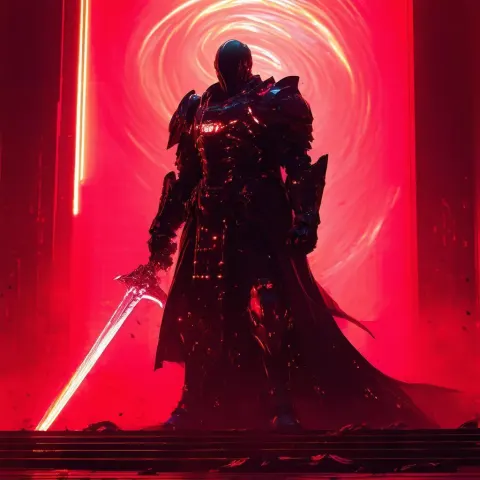 Towering Warrior in Neon Red Shadows