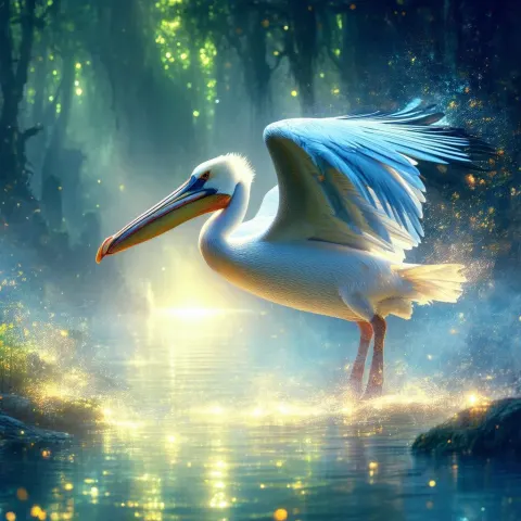 Majestic Rune Adorned Pelican Over Mystic Realm