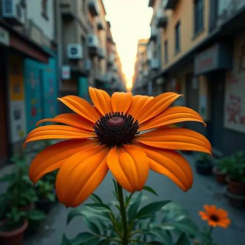 Orange Flower Blooming in Gritty Street Scene