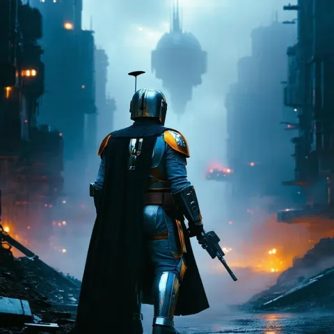 Mandalorian Watches Over a Dystopian Metropolis