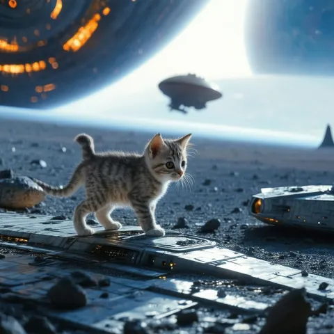 Kitten Atop a Crashed Sci Fi Spaceship