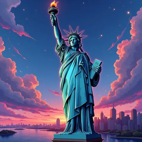 Anime Statue of Liberty Against Glowing City