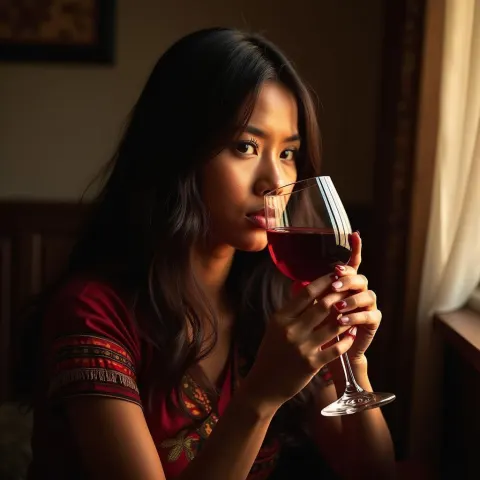 Nepali Woman Sipping Wine in Studio Light