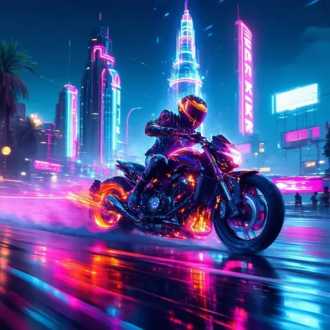 Neon Motorcycle Race to Babylon Tower