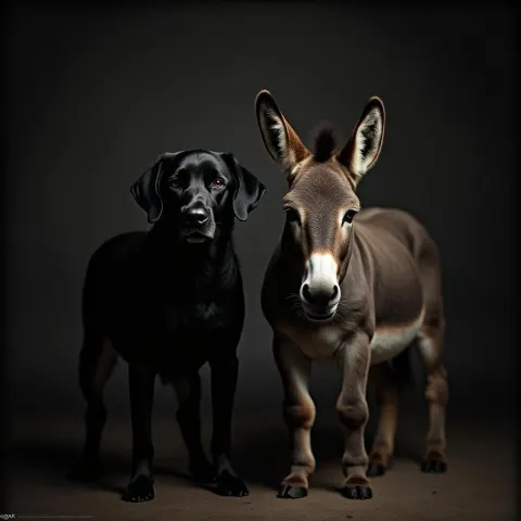 Black Labrador and Donkey in Moody Film Light
