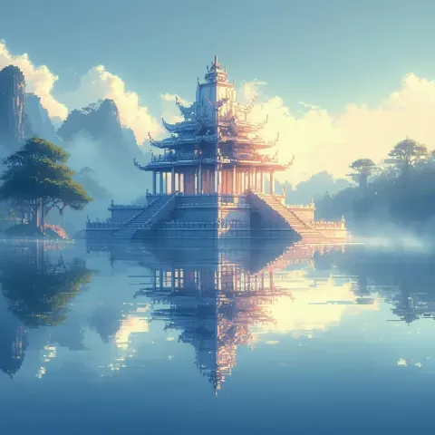 Pixel Temple Mirrored in a Calm Lake