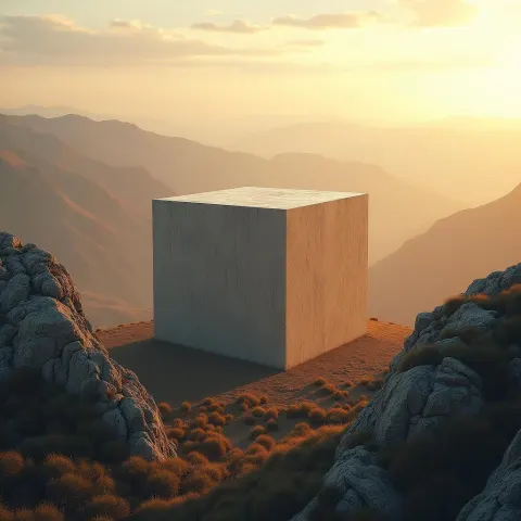 Geometric Cube Monolith in Golden Mountain Light