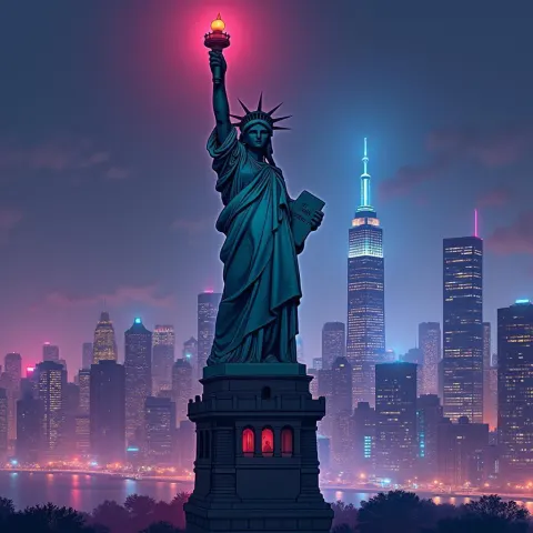 Neon Lit Anime Statue of Liberty