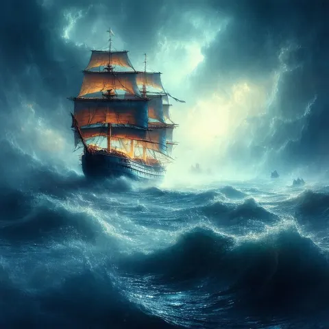 Ethereal Three Masted Ship in Mystic Seas