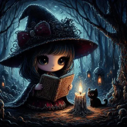 Chibi Witch Reading in Dark Forest