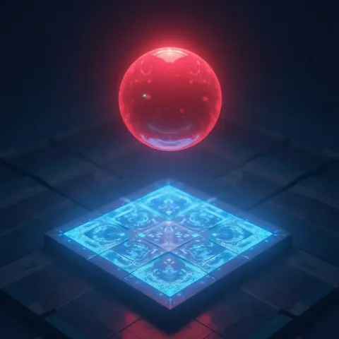 Mystical Red Orb Over Enchanted Blue Shape