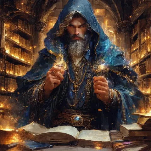 Bearded Sorcerer in His Swirling Magic Library
