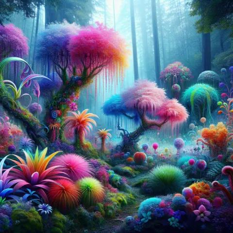Enchanting surreal forest painting colorful floral fantasy