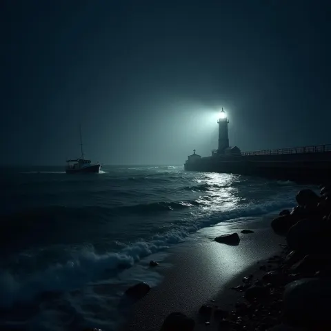 Lighthouse Beam Over a High Contrast Night Sea