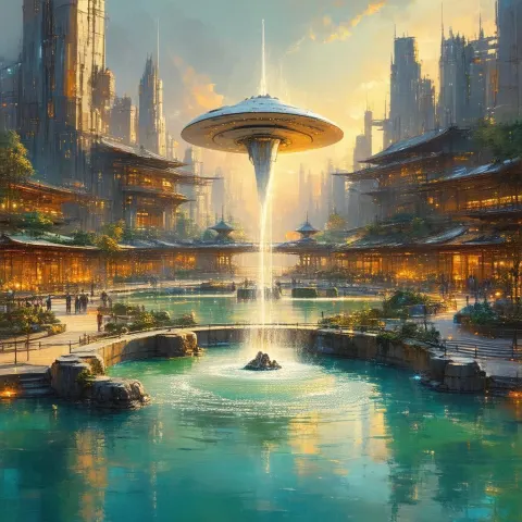Rustic Futuristic Cityscape Around a Zen Fountain