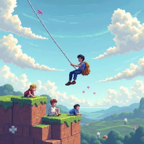 Pixel Figures Falling From Blocky Clouds