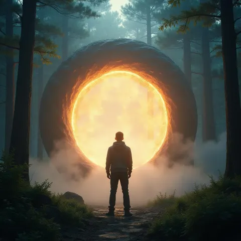 Man Before a Glowing Portal in Mystic Forest